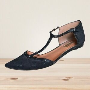Halogen by Nordstroms Olson 9M Pointy Toe Black Studded Flats T-Strap Shoes